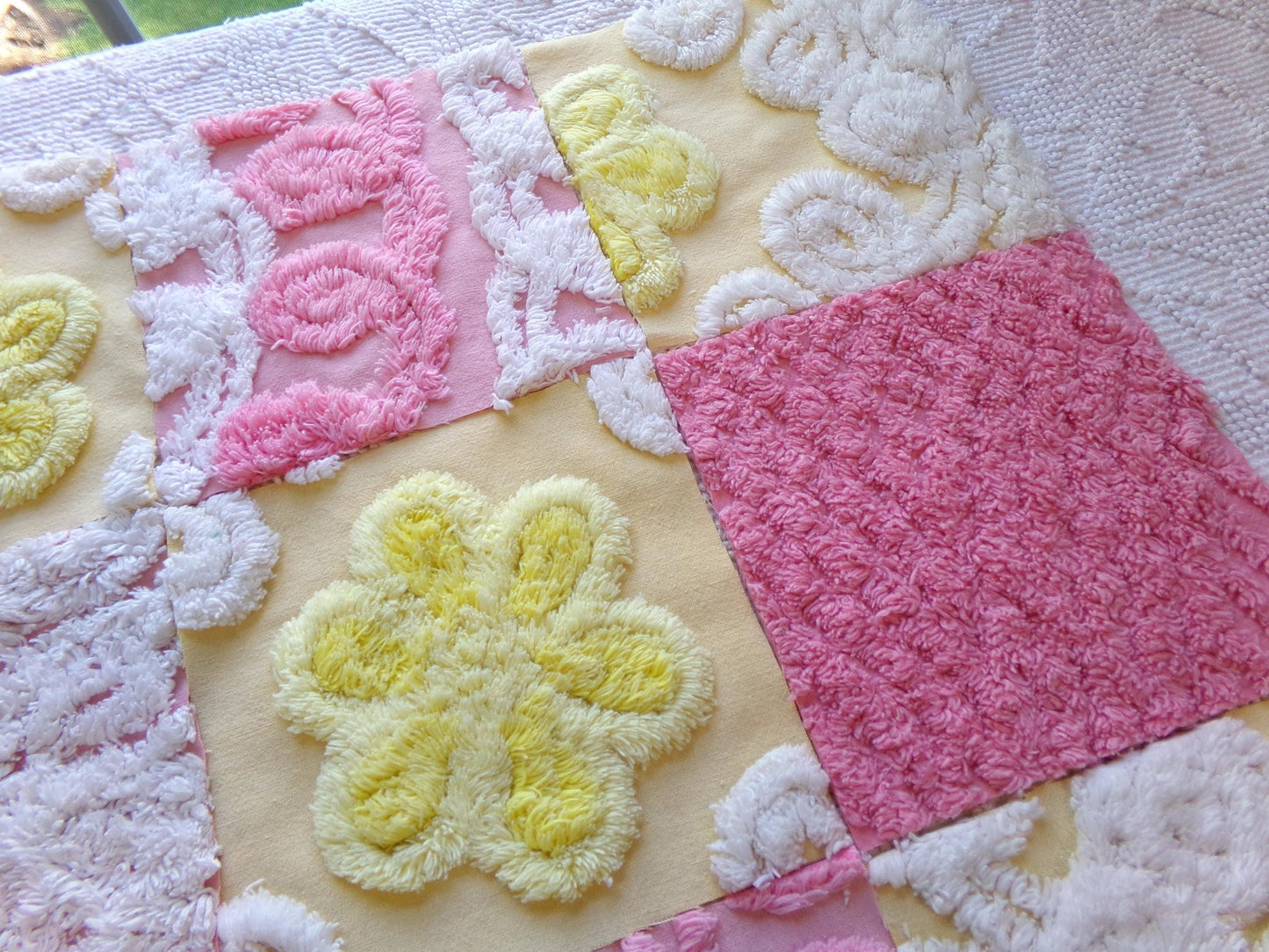 vintage 6" chenille fabric squares, set of 16 pink yellow quilt blocks, sugar & sunshine