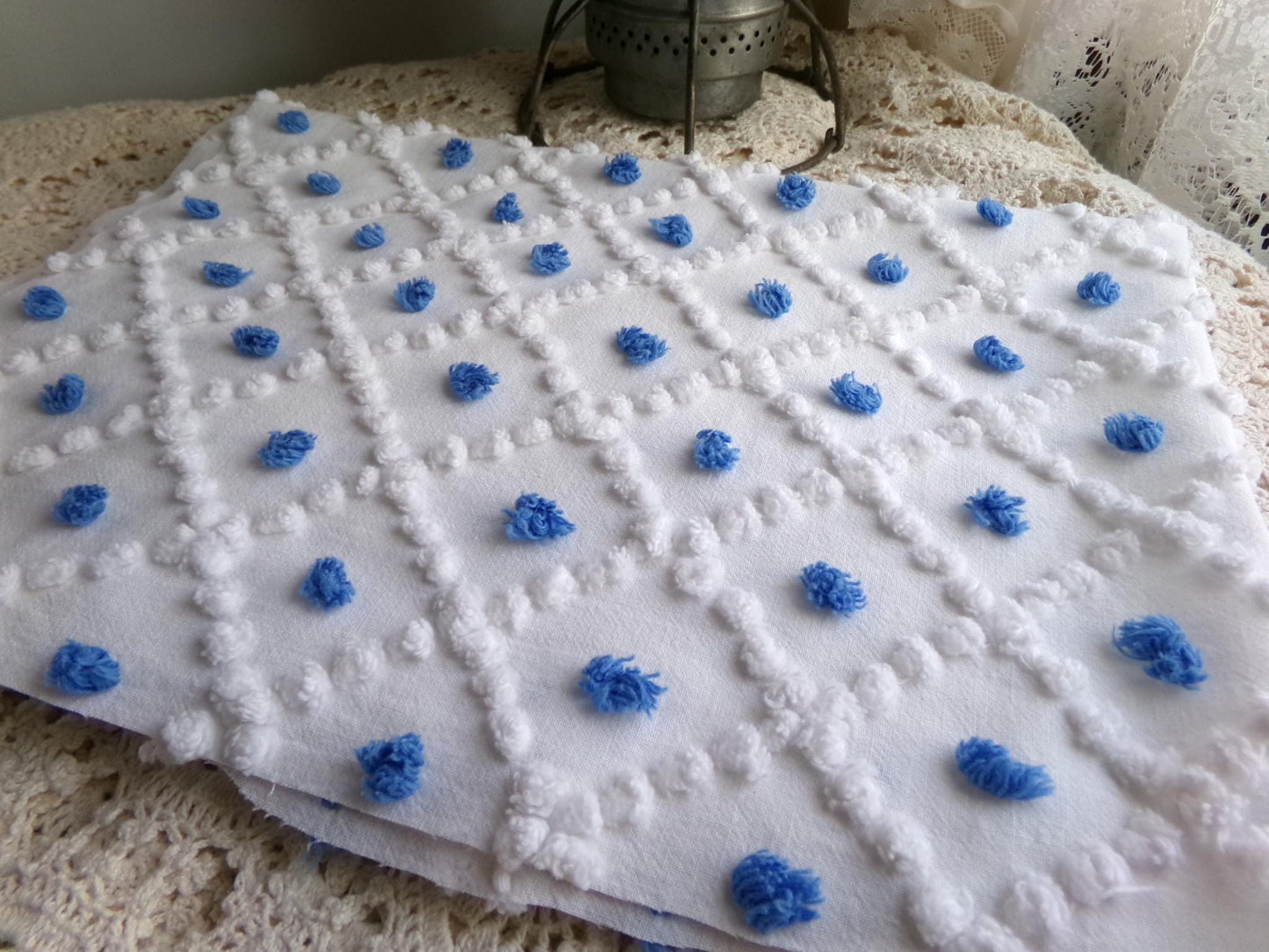 blueberry & white snowdrop pops chenille fabric, 18" x 26" inch piece of vintage sewing material for quilting, crafts