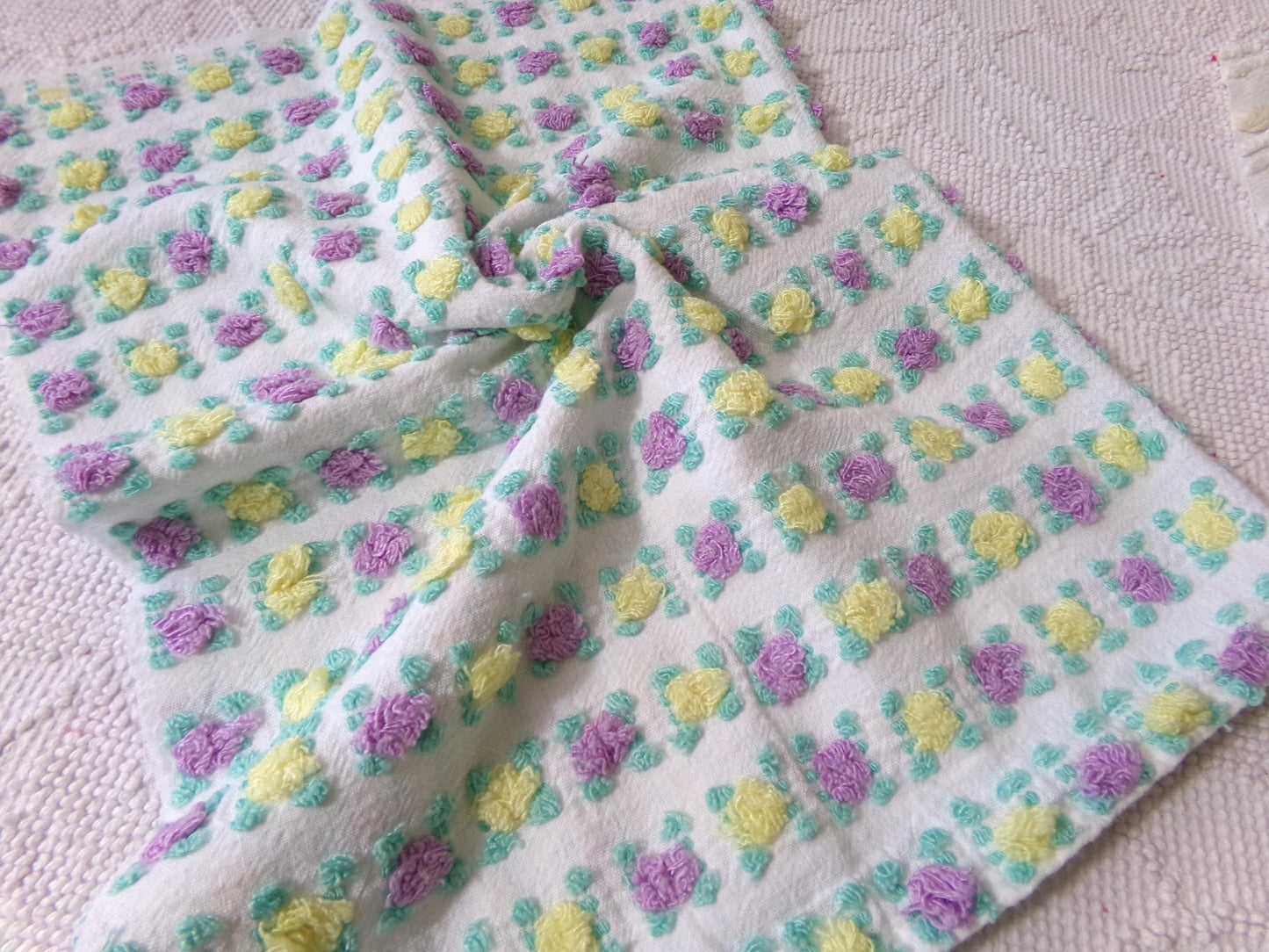 Rare Jewel Rosebud Vintage Chenille Fabric w/ Yellow & Amethyst Roses, 17" x 24" Cut Piece of Sewing, Quilt Material