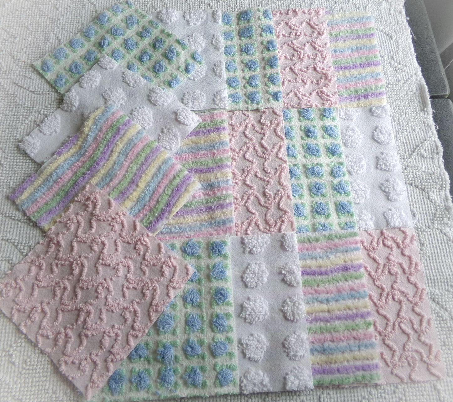fairy fantasy chenille fabric squares, 16 vintage 6" quilt blocks in pastel rainbow, pink & blue rosebud, for sewing, crafts, fiber arts
