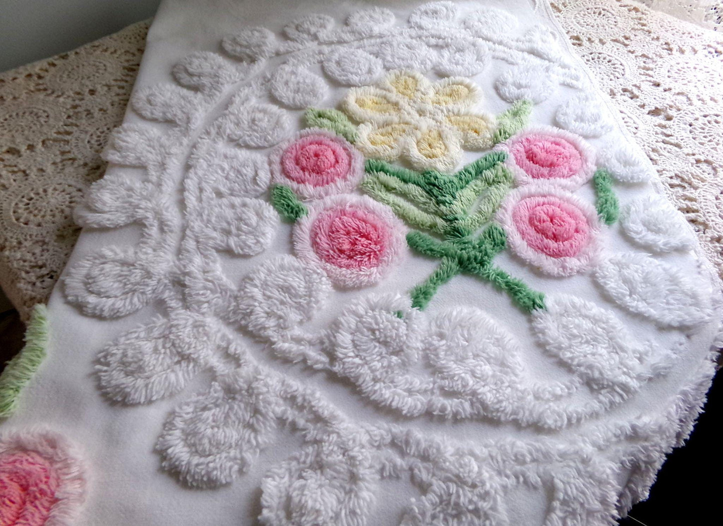 sculpted wedding cake vintage chenille fabric, lovely bridal white curlicues & rosette florals, 19" x 27" inch piece cotton sewing material