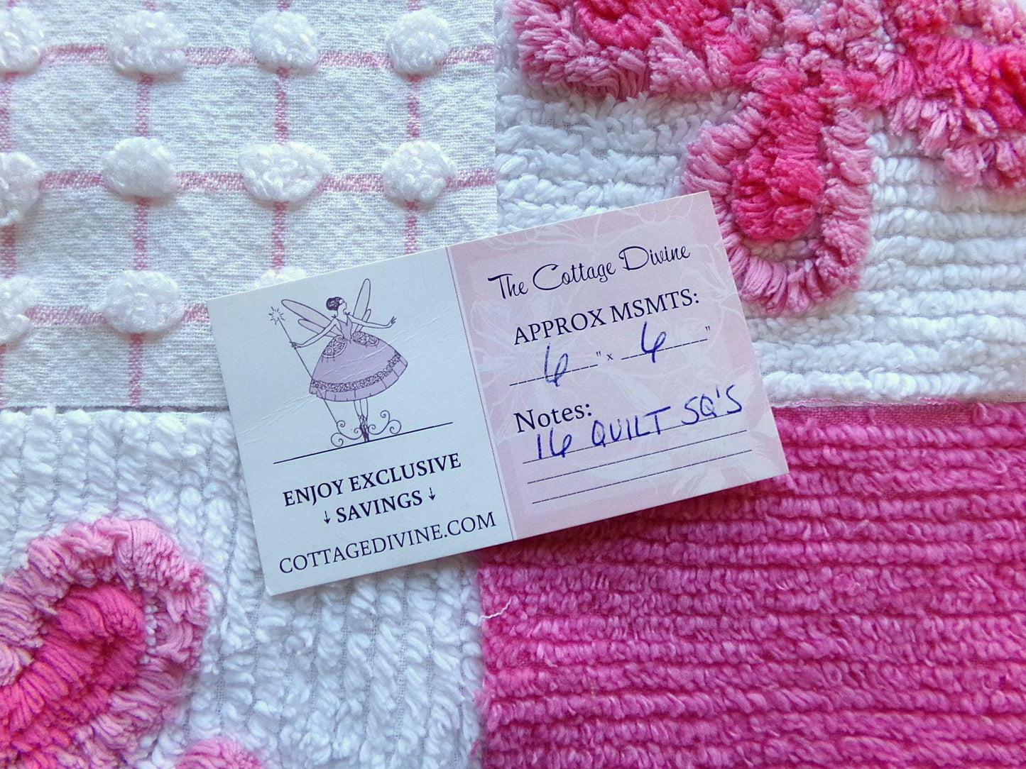 fun pink vintage chenille fabric squares, set of 16 quilt blocks 6" each geometric & flowers for crafts, sewing