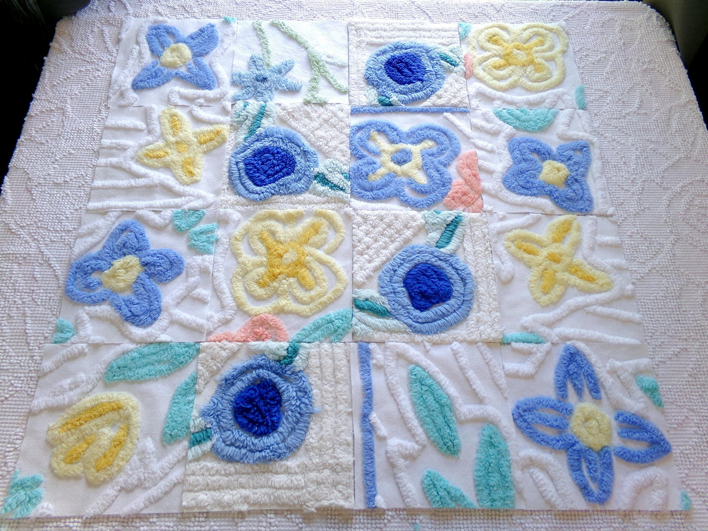 vintage 6" chenille fabric squares, set of 16 quilt blocks, blooming blue flowers