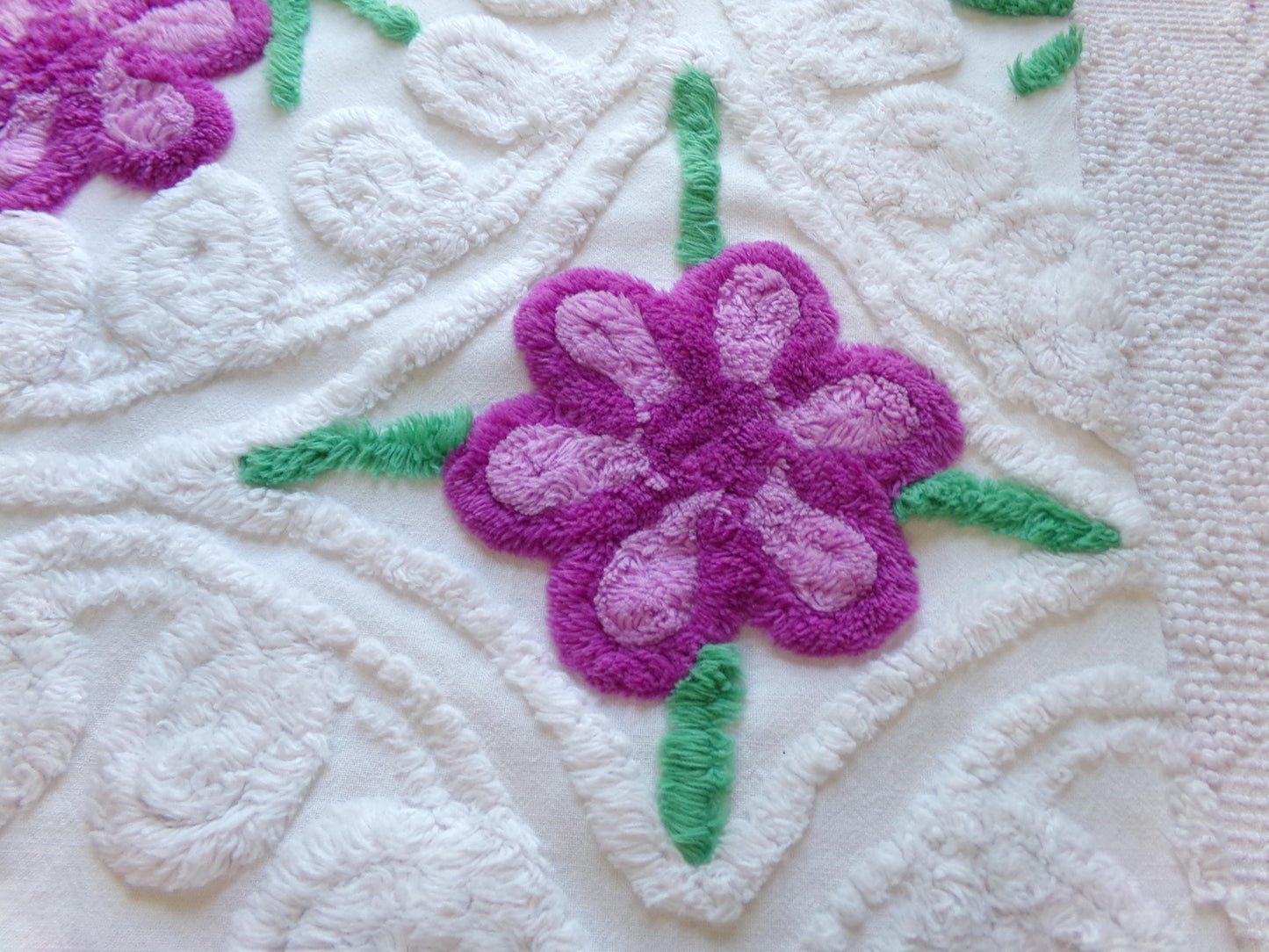 Lilac Garden Blooms Vintage Chenille Fabric, Pretty 22" x 20" Piece of Plush White Cotton Sewing Material Upcycle into Quilts & Crafts