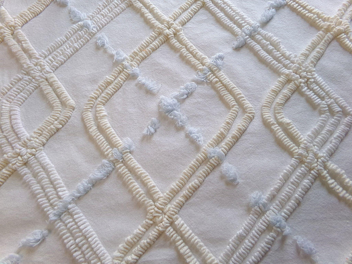 Coastal Life Vintage Chenille Fabric, Tonal Cream Geometric Design, Sky Blue Puffs, 20" x 24" Piece of Sewing Material for Quilting, Crafts