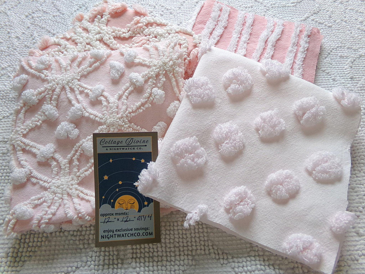 love pink chenille fabric squares, set of 4 texturized vintage large quilt blocks 12" inches ea, spider ring, pops, stripes, infinity tuft