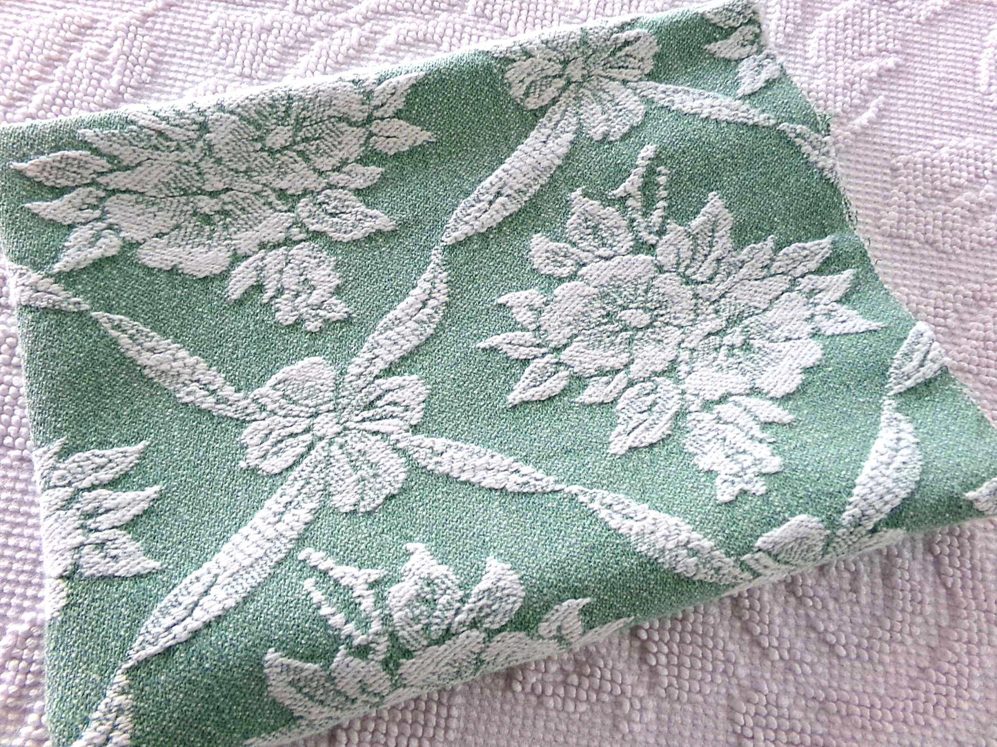 shabby cottage jade rose woven fabric, reversible sewing material from vintage bates bedspread, 20" x 30" piece for pillows, quilting