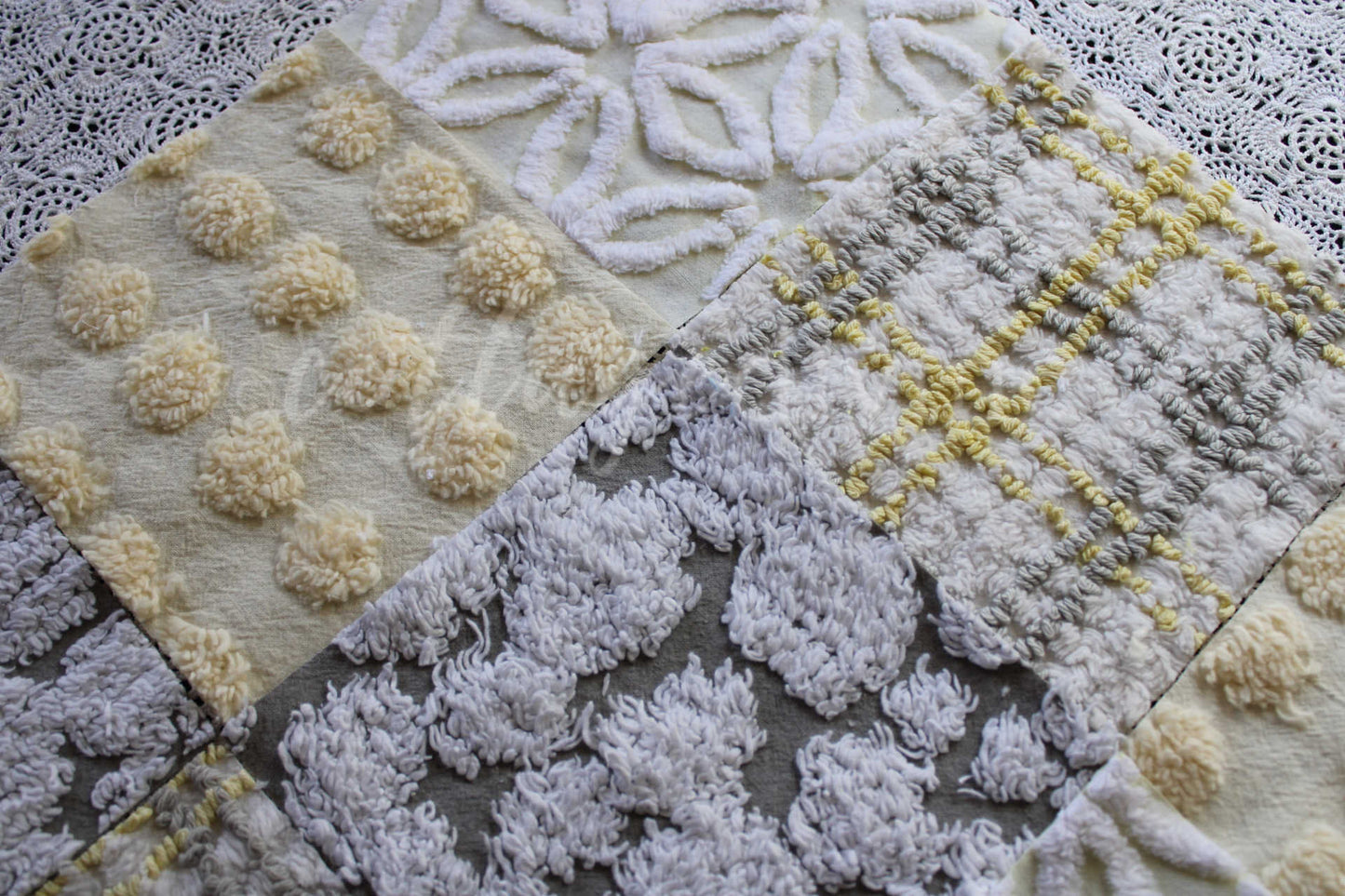 Sunshine & Clouds Chenille Quilt Squares Set, Rotary Cut from Vintage Chenille Bedspread Fabric, 16 Blocks, 6" x 6" inch each