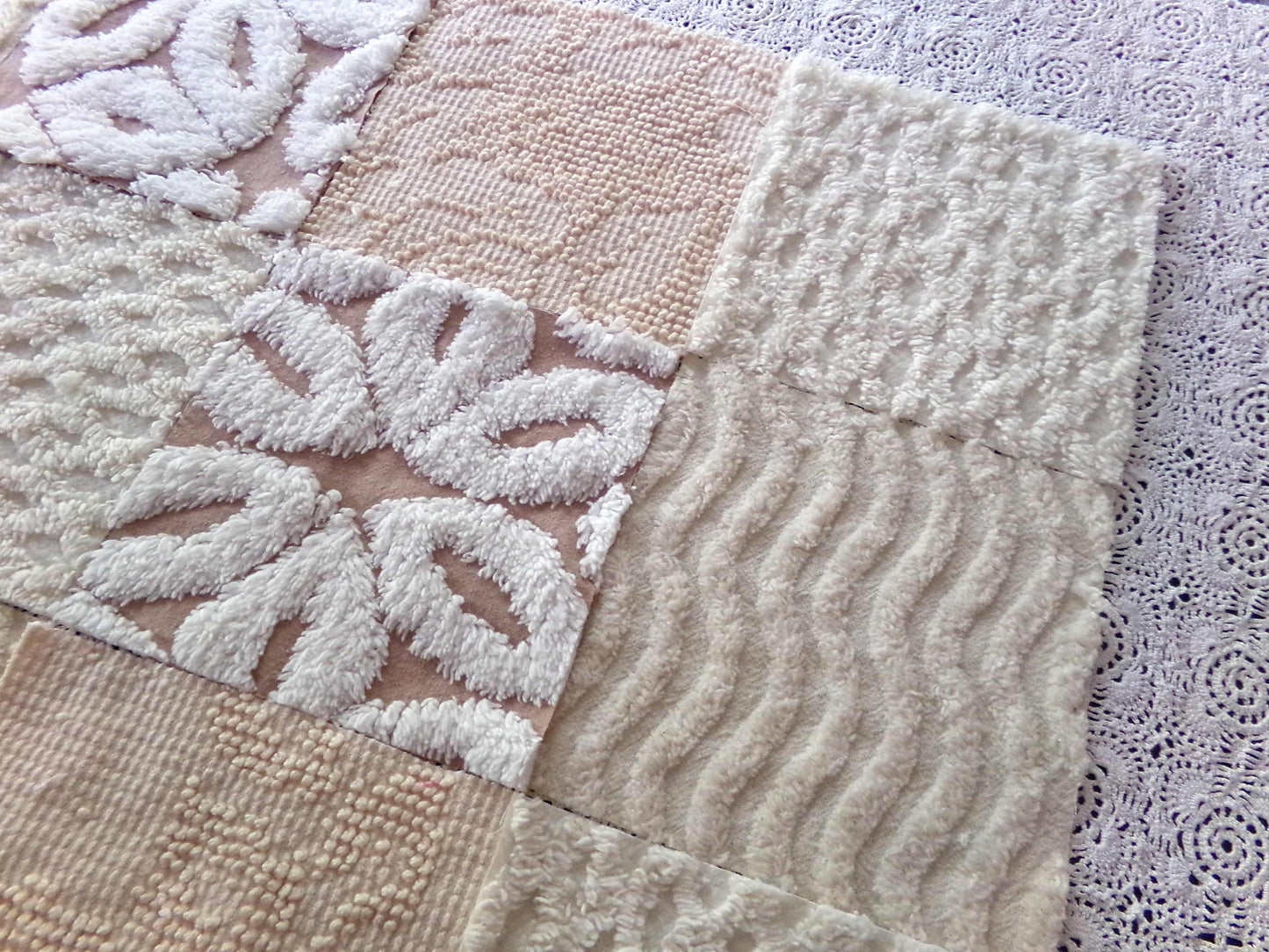 Creamy Neutrals Texturized Trendy Fabric Squares Set, Rotary Cut from Vintage Chenille Bedspread Fabric, 16 Blocks, 6" x 6" inch each