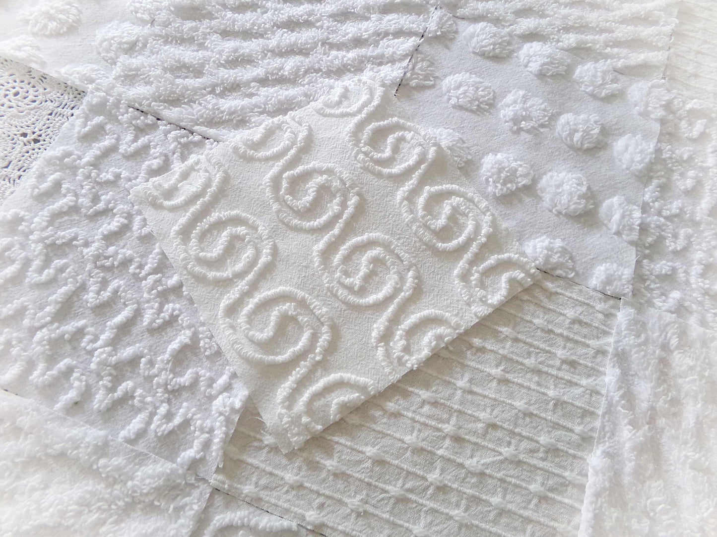 serene snowfall vintage chenille fabric squares, set of 16 white 6" quilt blocks, upcycle in handmade quilts, sewing projects