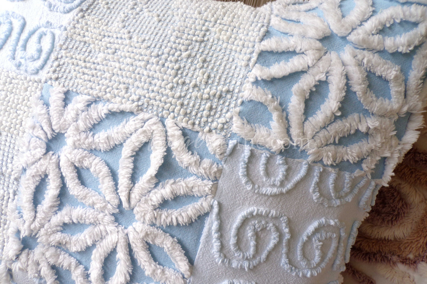 Beach Cottage Chenille Pillow Cover 16" x 16" inch Square, REVERSIBLE Patchwork Blue Accent Pillow from Vintage Chenille Bedspread Fabric