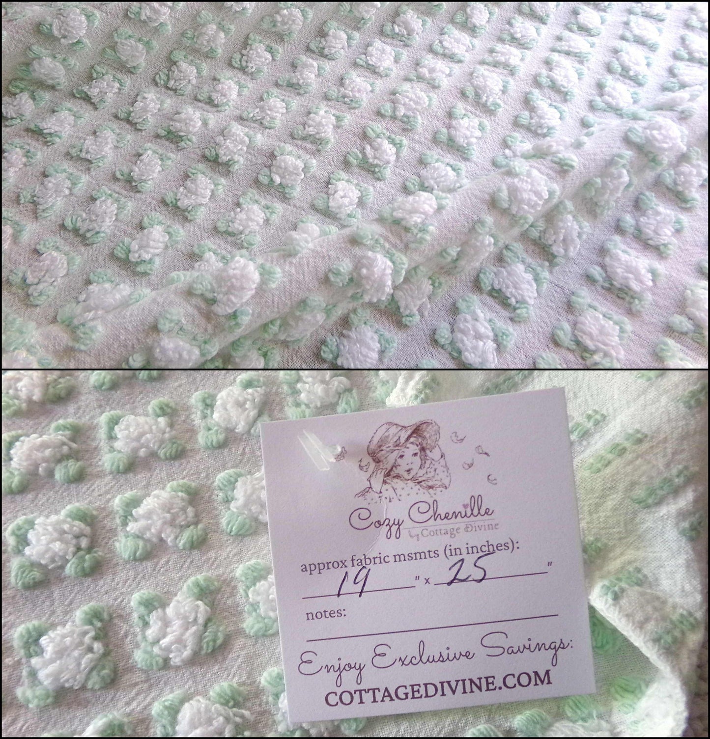 Plump White Rosebuds Vintage Chenille Fabric, 19" x 25" Piece, Beautiful Roses with Mint Green Leaves