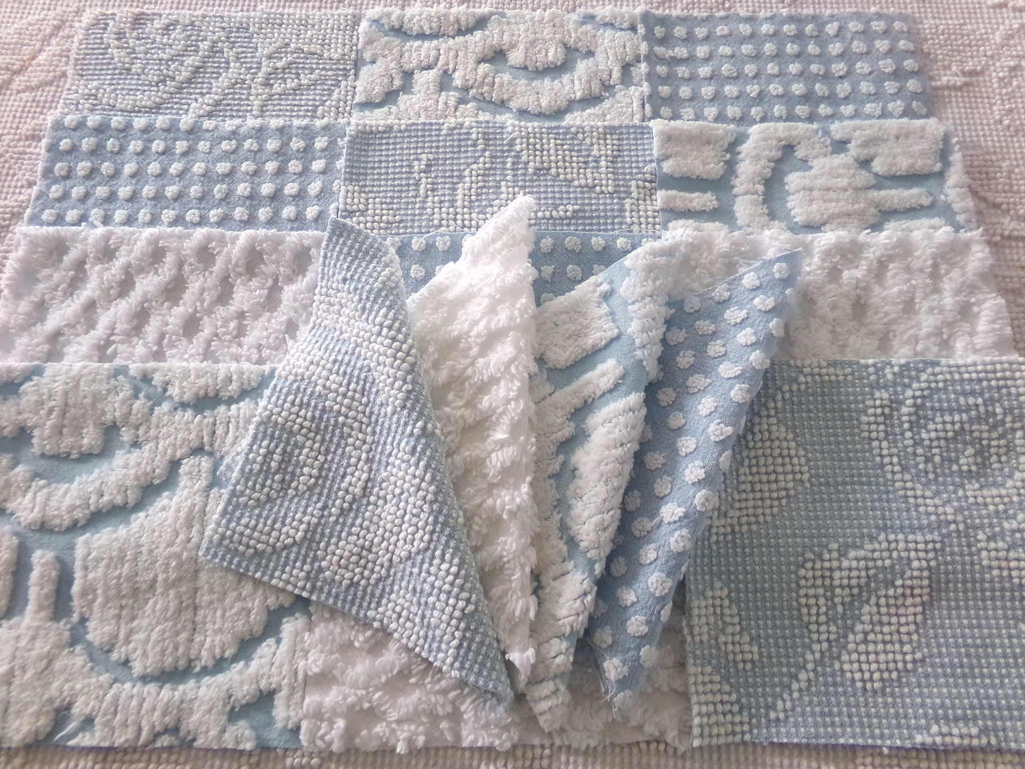 seaside chill chenille fabric squares, 16 vintage blue & white quilt blocks 6" x 6" inch, for pillows, quilting, crafts
