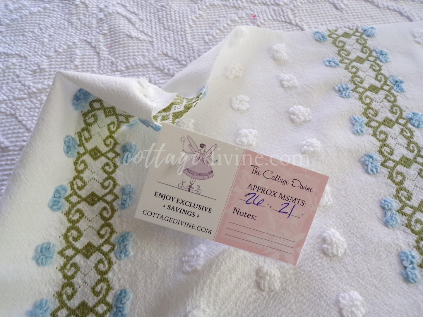 delicate vintage chenille fabric in abstract blue ivy rosebuds & white pops, 26" x 21" inch piece of quilt sewing material