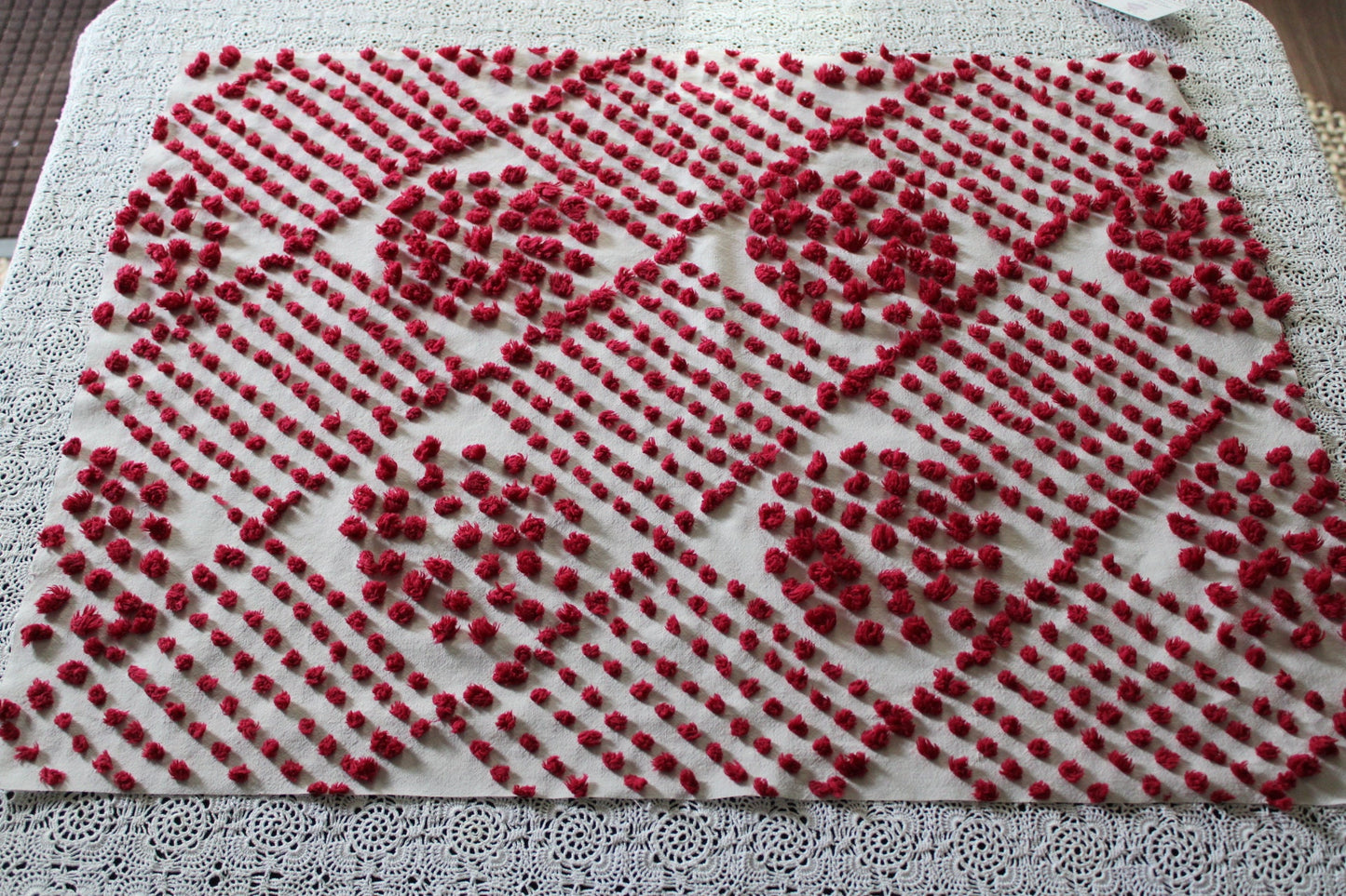 Fabulous Red Wine Vintage Chenille FABRIC PIECE, 21" x 27" inches, Handtufted Diamond Circle Puffs