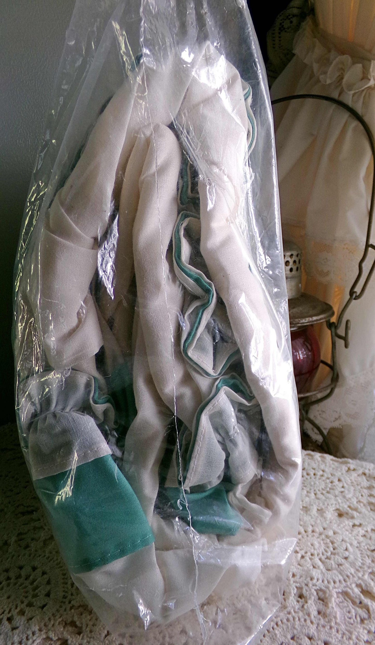 Farmhouse Style Priscilla Curtain Panels Pair, Cream & GREEN Trim, Bow Tiebacks, NOS Vintage Window Curtains, 84" L, Williamsburg Collection