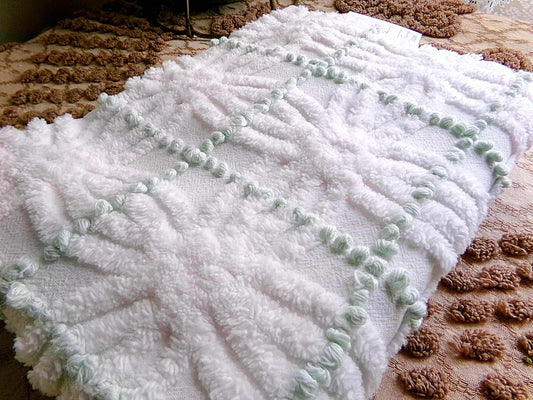 Popular Vintage Chenille Quilt Fabric, Mint Green Pearl Pops & White Spider Rings, 25" x 18" inch Piece