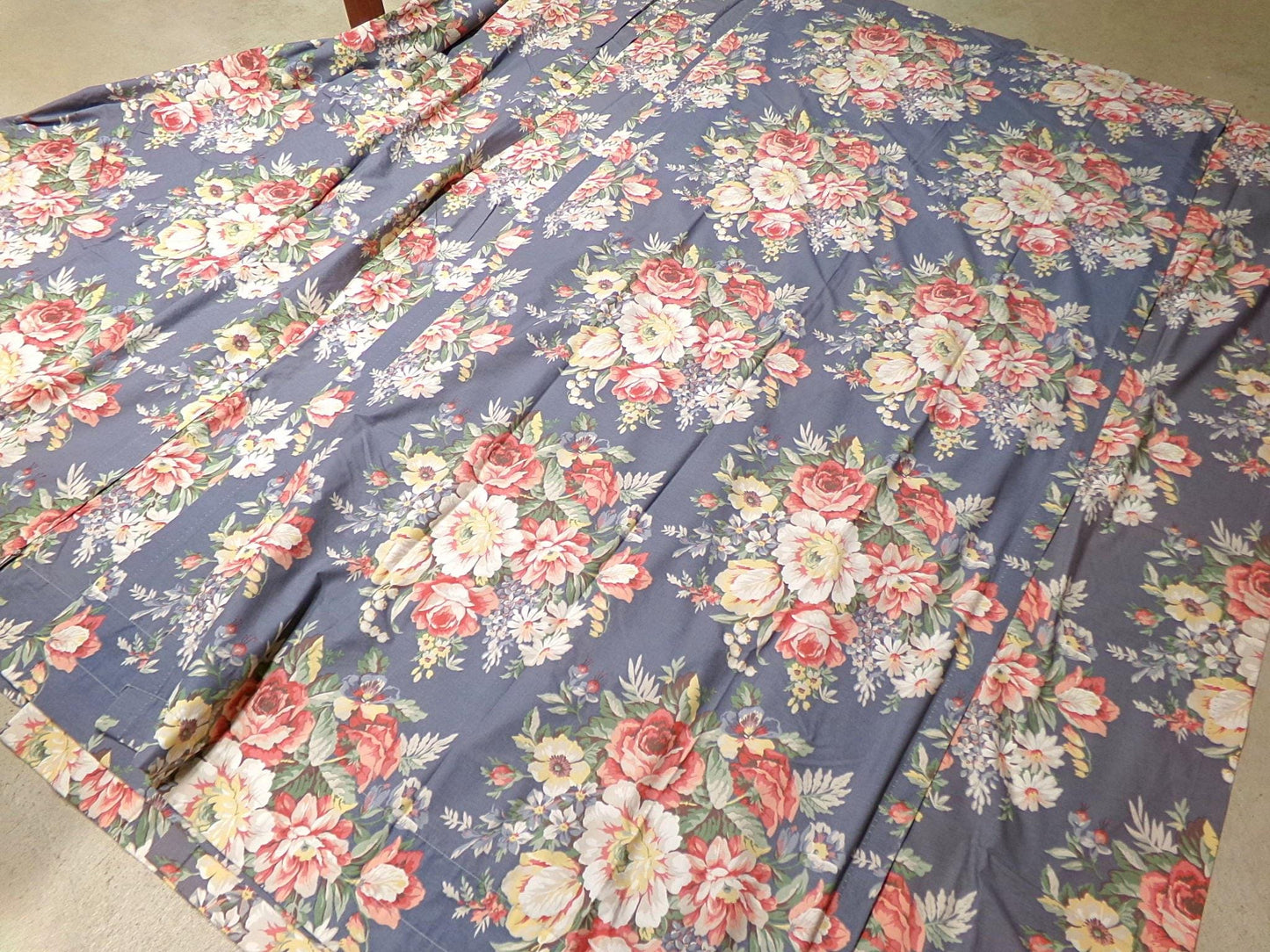 Lot of 3 Pair Ralph Lauren Kimberly Drapes Window Curtains, 6 Panels of Vintage Blue Floral Drapery Panels
