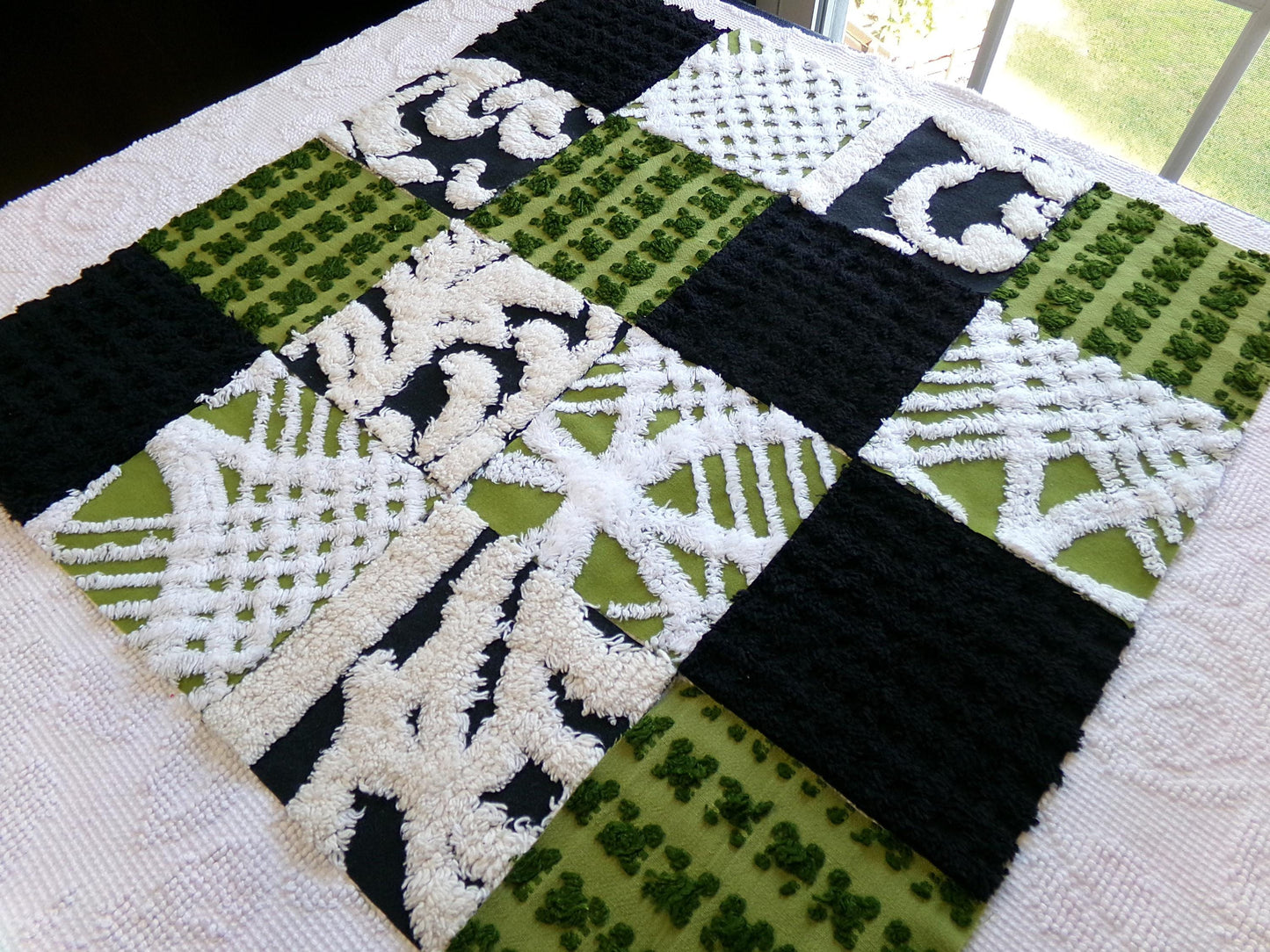 goblin green & black vintage chenille fabric squares, set of 16 boho 6" quilt blocks for crafts, sewing, diy pillow covers