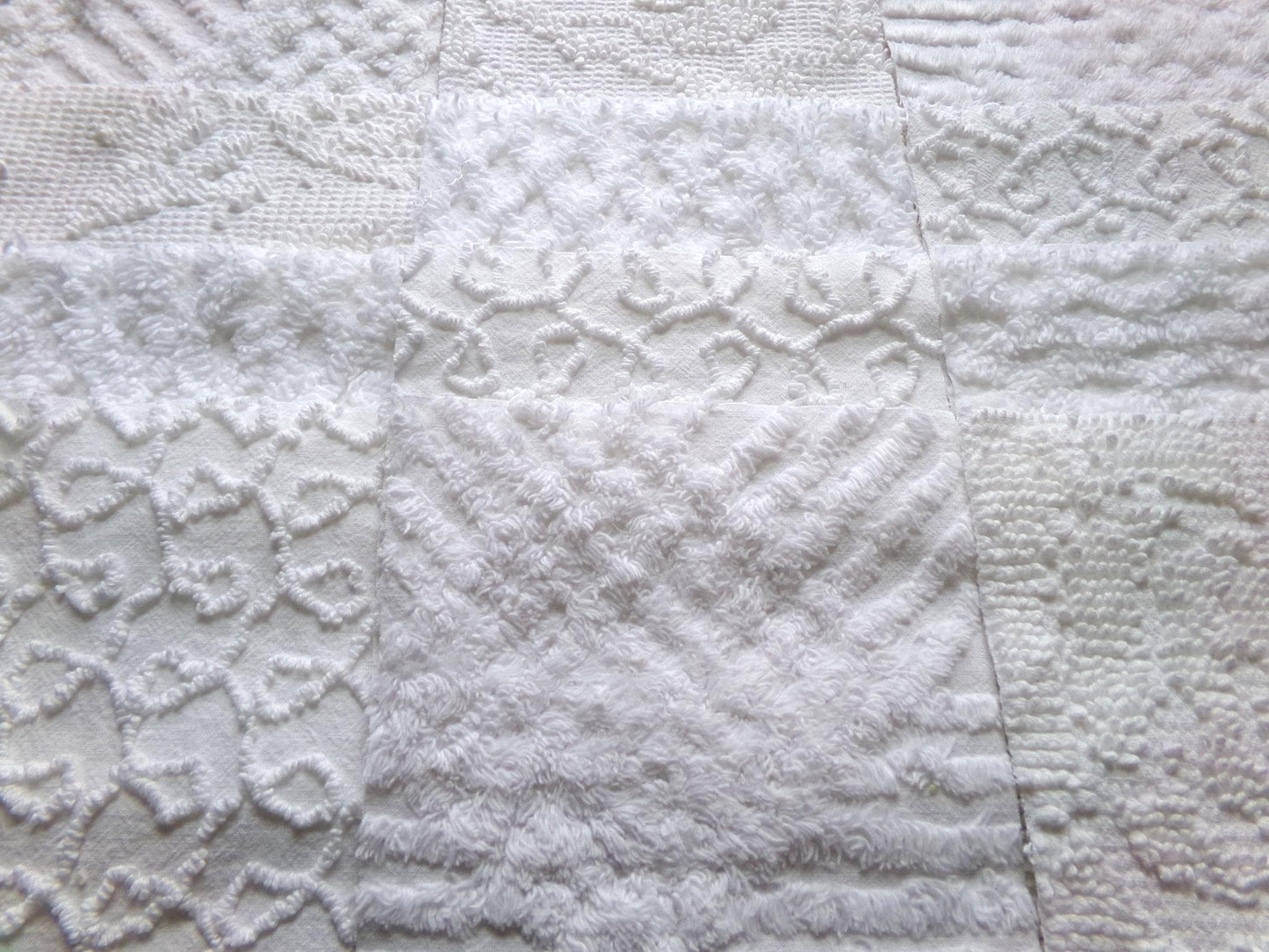 white vintage 6" chenille squares, set of 12 quilt blocks in a classic selection of popular patterns for sewing & crafts