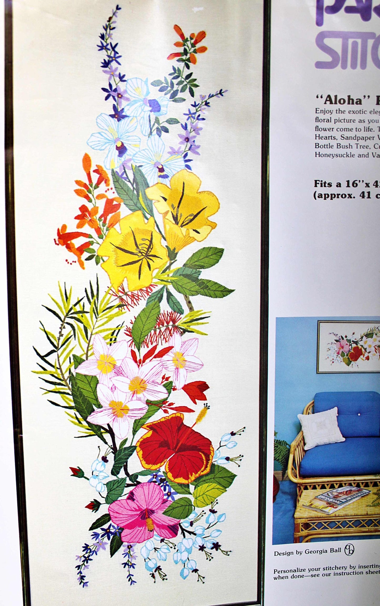 Hawaii ALOHA Crewel Embroidery Kit, Vintage Paragon Stitchery #0101, 16" x 42" Large Tropical Floral Wall Hanging, Georgia Ball Design