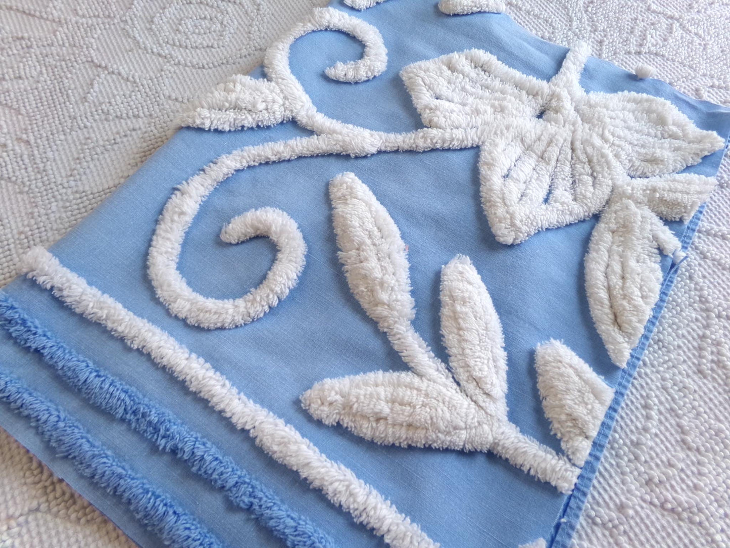 botanical white lily vintage chenille fabric, soothing blue 15" x 22" piece of sewing material for quilting and crafts