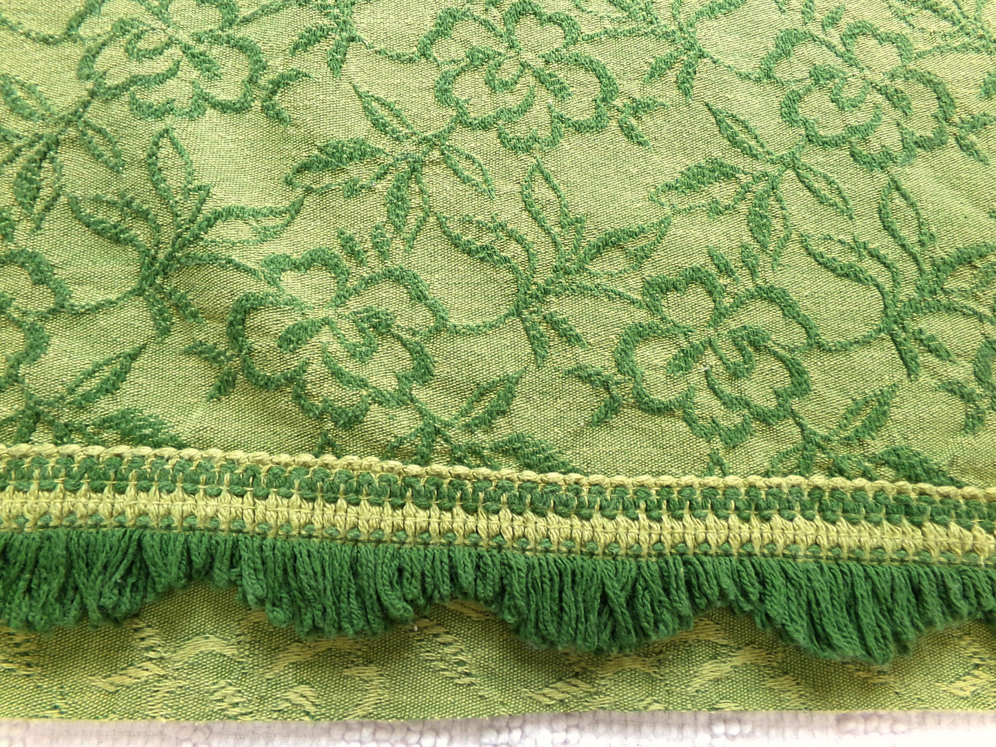 grecian green rose vintage woven fabric, gothic floral design w/ scallop fringe trim edge, 19" x 24" cut piece great for small bags