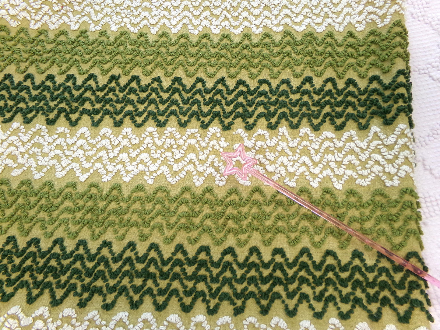 groovy green zig zag vintage chenille fabric, earthy avocado, olive textured pattern, 18" x 24" cut piece for arts & crafts