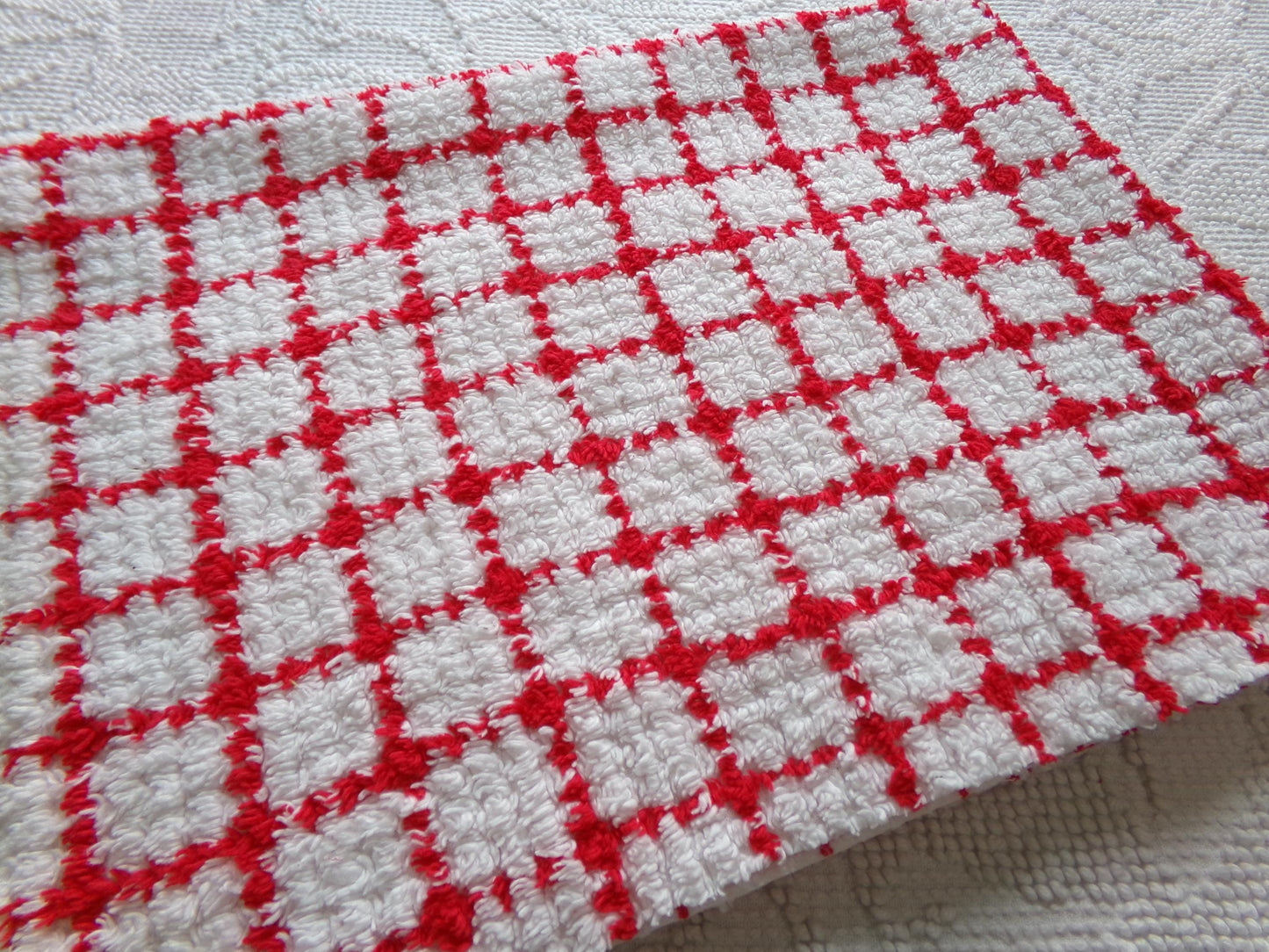 red & white cubes vintage chenille fabric, peppermint micro plaid pattern, 18" x 24" cut piece for xmas stockings, Christmas quilts