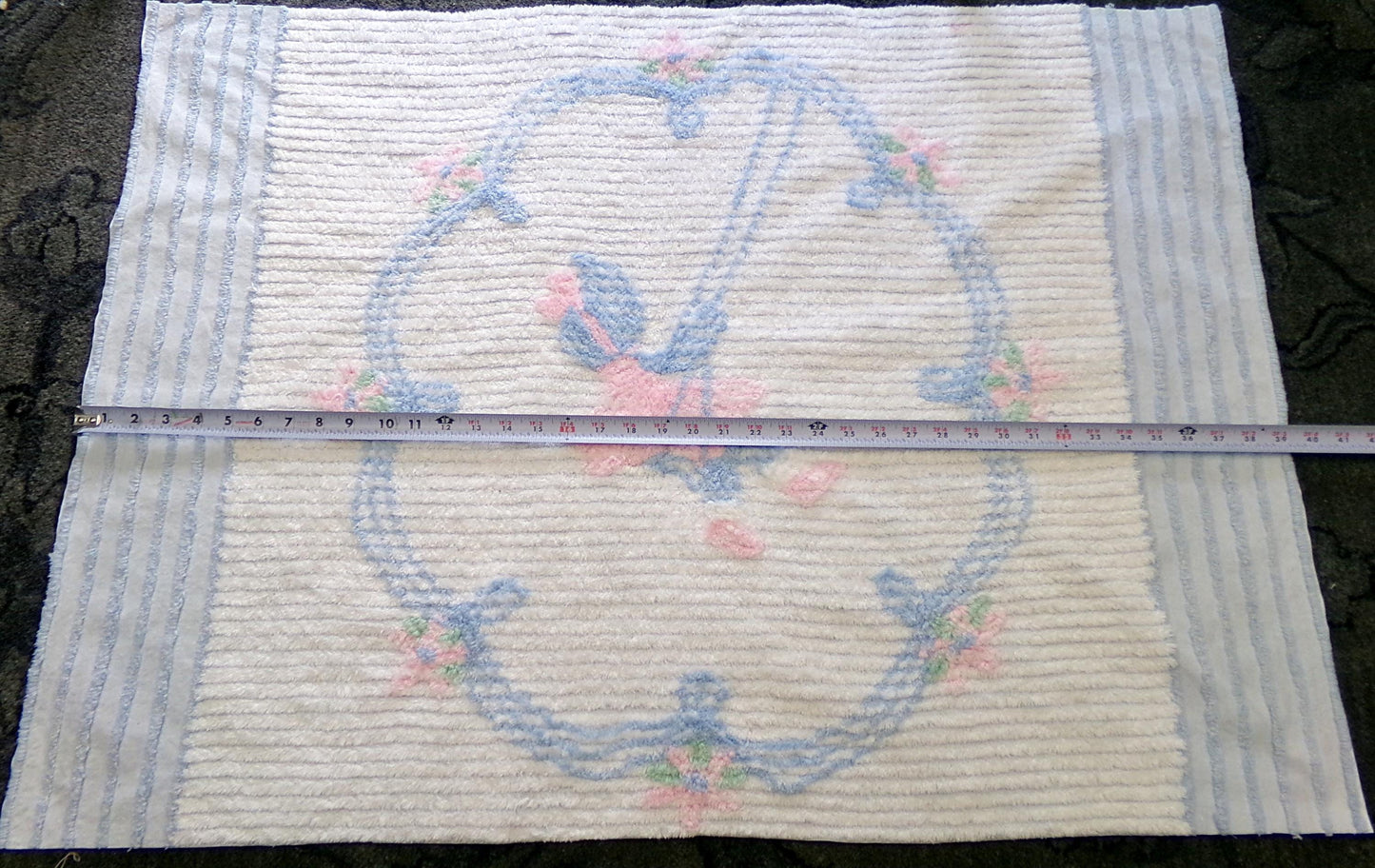 vintage chenille fabric panel: carefree little girl on swing in cameo of pink lilies, 28" x 38" large cut piece