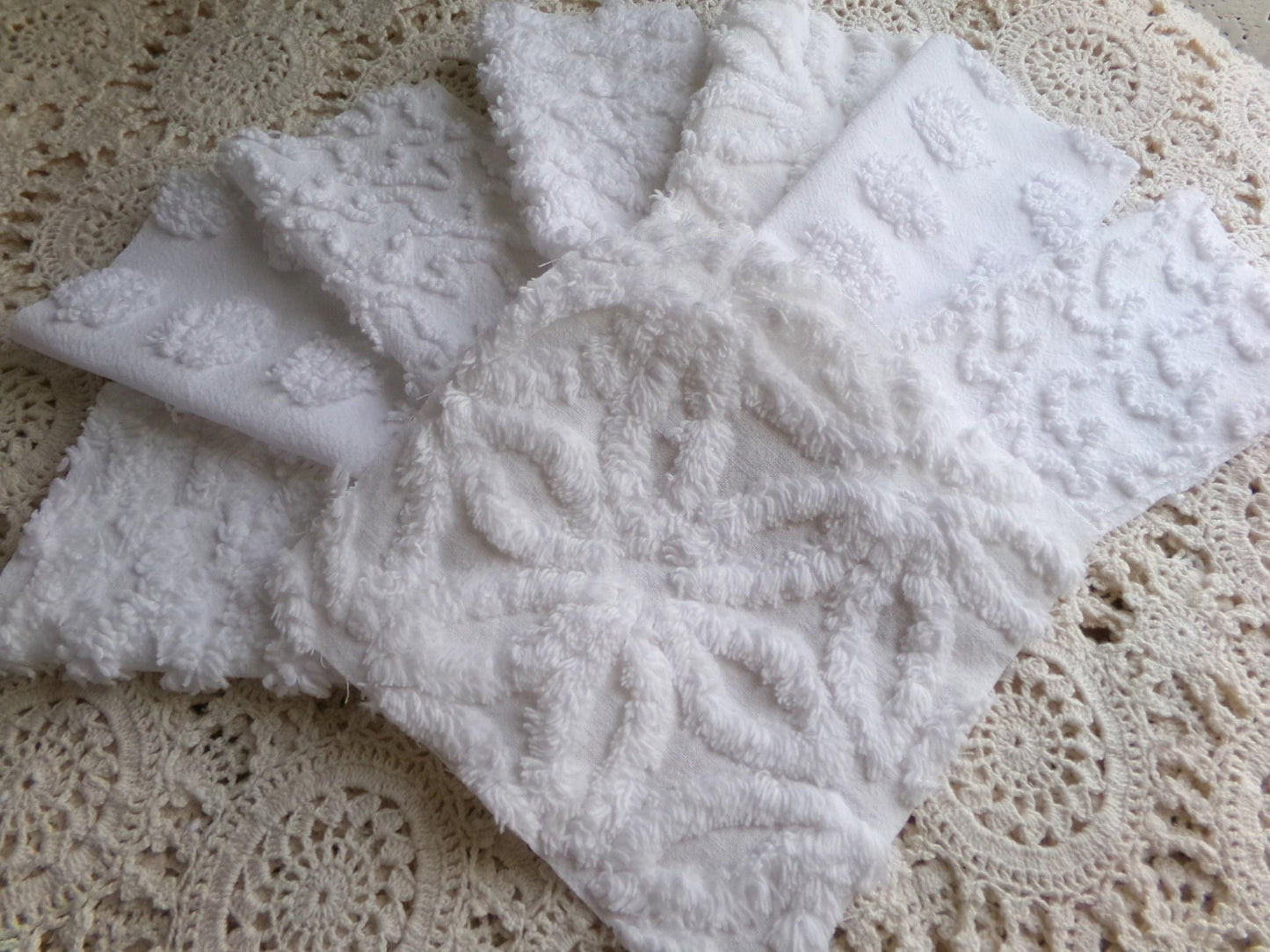 cherub feathers white chenille fabric squares, cut from vintage chenille bedspreads in popular patterns, set of 16 quilt blocks, 6" inch ea