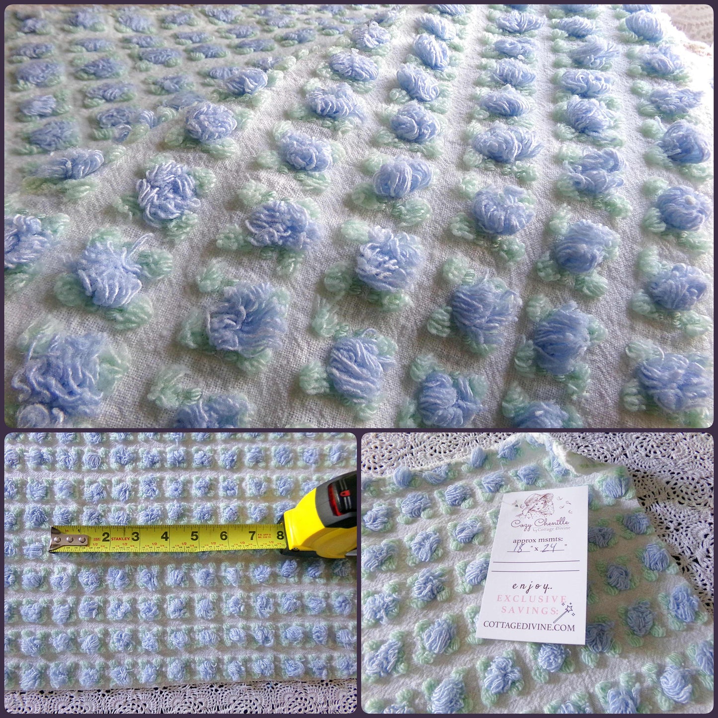 Heavenly Blue Rosebud Vintage Chenille Fabric, Morgan Jones Rose Design, 24" x 18" inch Piece, Angelic Raised Roses on White