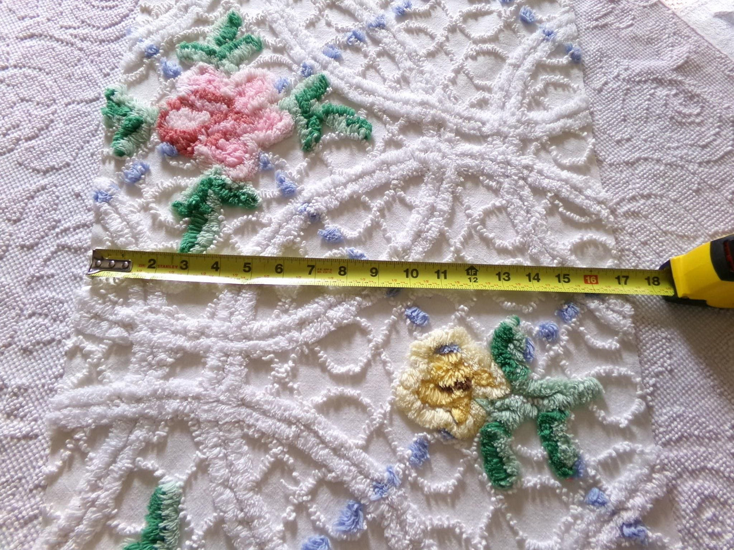 breezy rose floral fabric piece, vintage chenille country cottage style sewing material, 16" x 35" inch piece, white cotton
