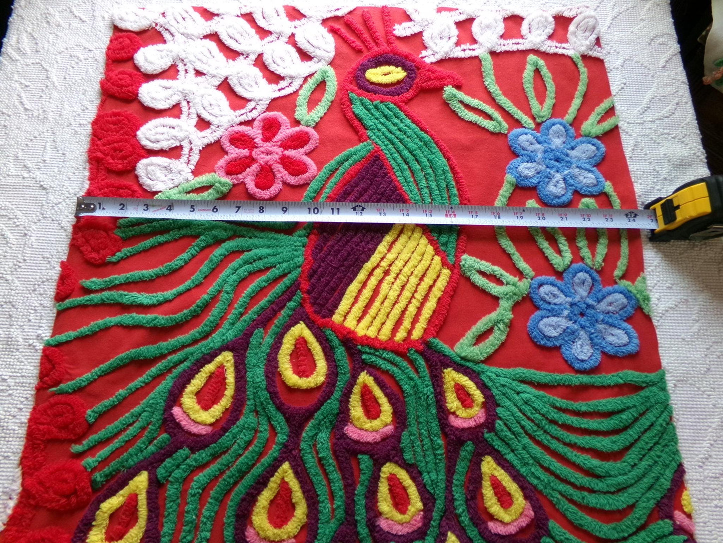 peacock vintage chenille fabric panel in saturated red, exotic material for a wall hanging or pillow, 23" x 24" inch piece