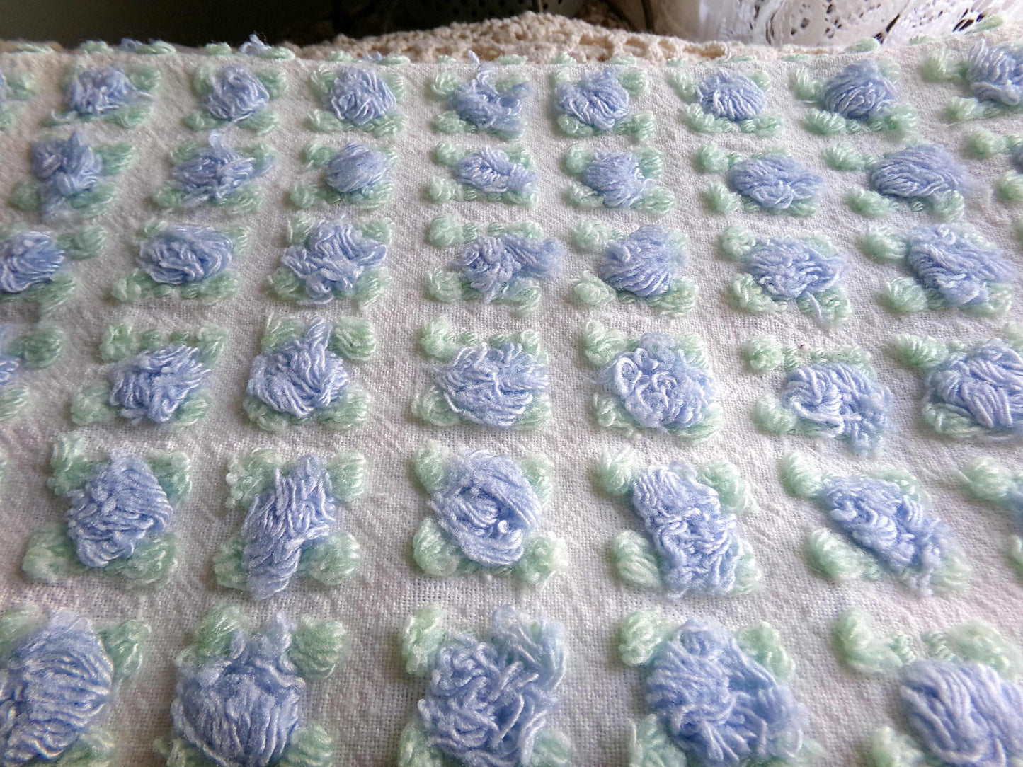 Heavenly Blue Rosebud Vintage Chenille Fabric, Morgan Jones Rose Design, 24" x 18" inch Piece, Angelic Raised Roses on White
