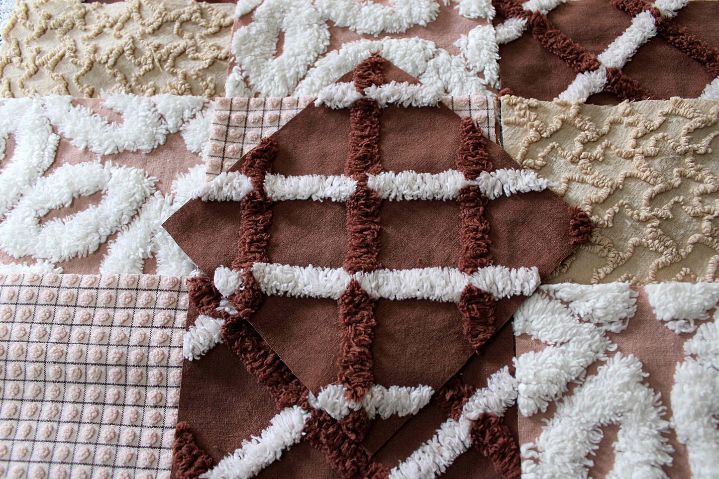 boho browns chenille fabric squares, 16 vintage quilt blocks, 6" x 6" inches ea, great for hippie inspired craft projects