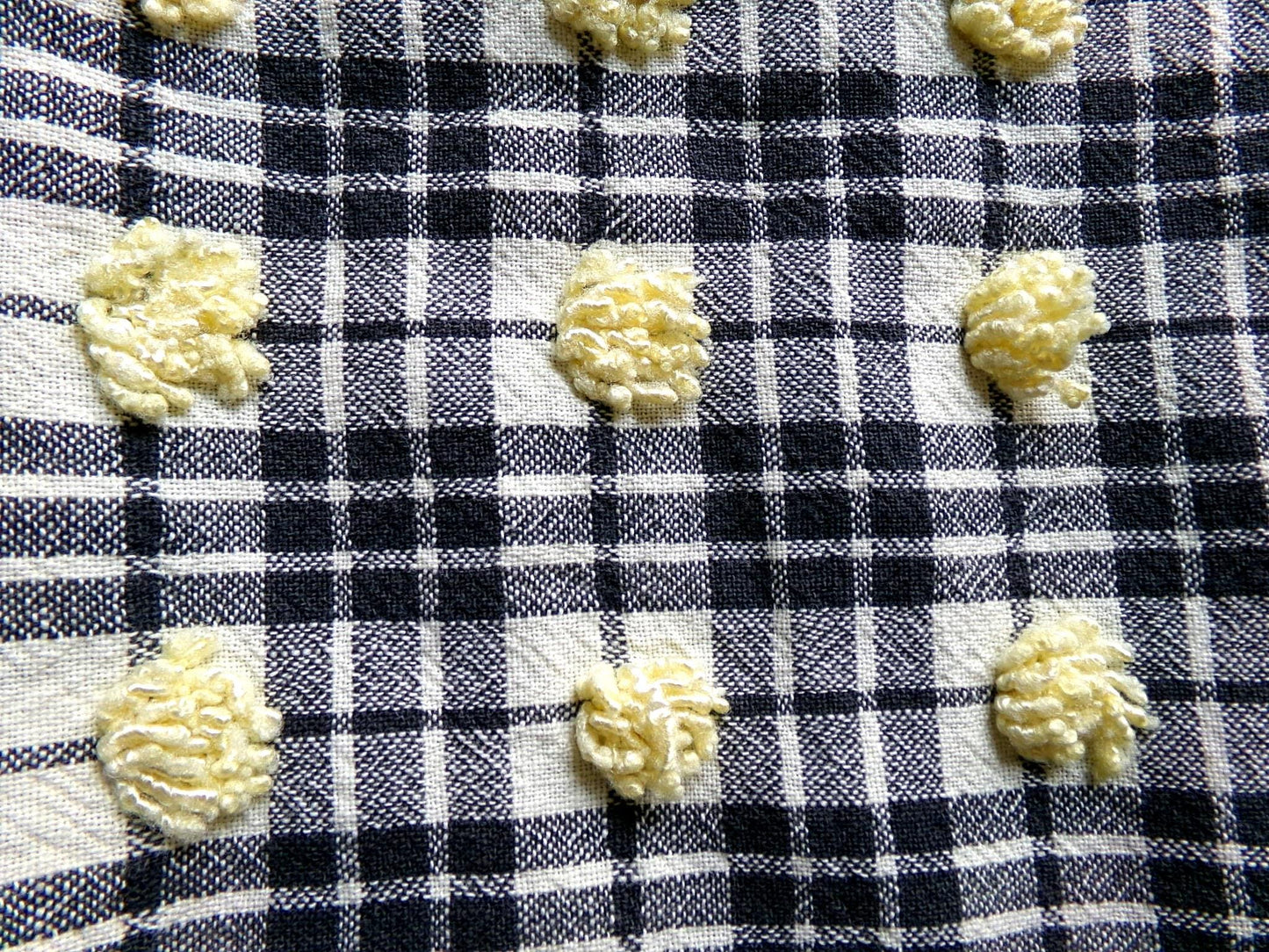 unique black plaid vintage chenille fabric, 18" x 24" piece of sewing material w/ yellow pops