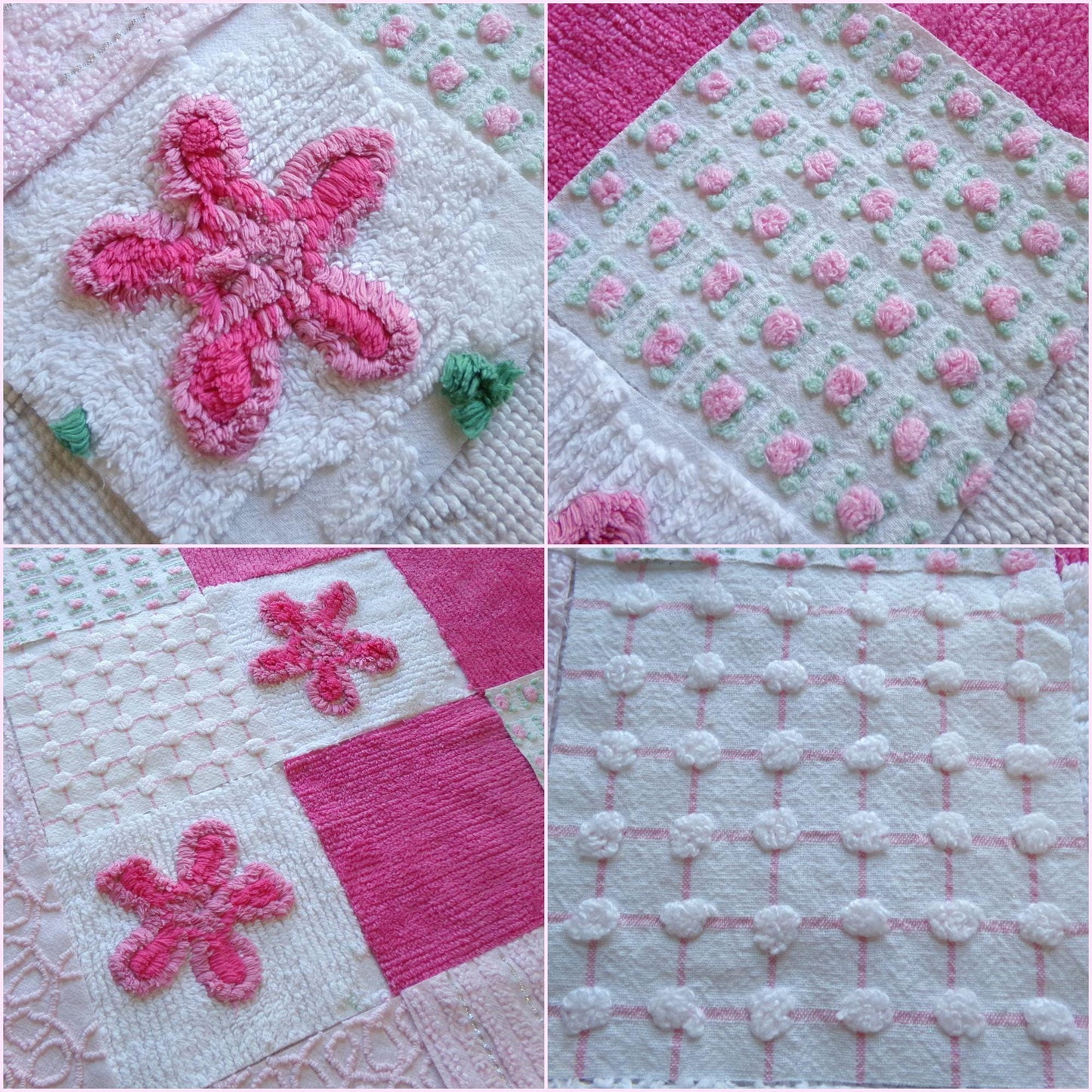fun pink vintage chenille fabric squares, set of 16 quilt blocks 6" each geometric & flowers for crafts, sewing