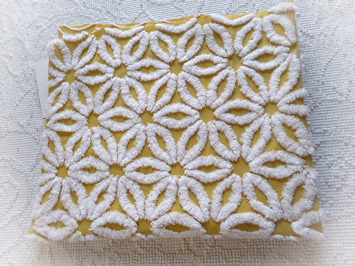 boho style vintage chenille fabric, white daisy on harvest gold, 20" x 24" inch piece of cotton sewing material for quilting & crafts