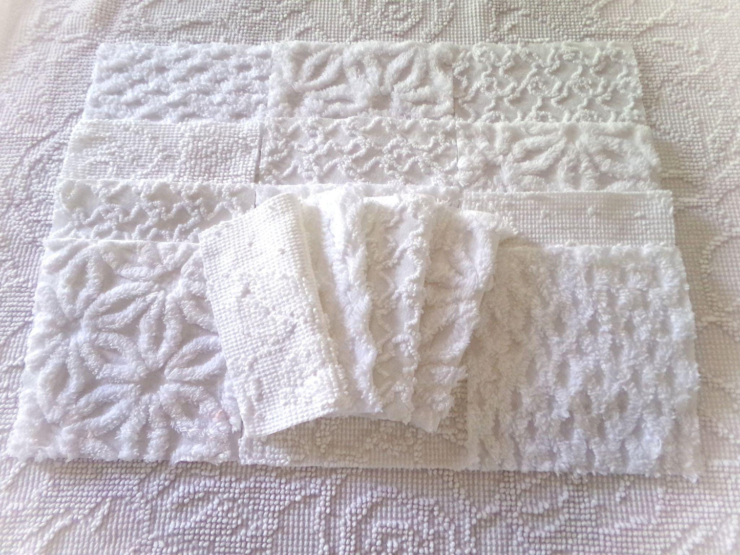 Snow Baby Chenille Fabric Squares Set of 16 White Quilt Blocks, 6" x 6" inches each, Diamond, Squiggle Daisy & Hobnail Texture Patterns