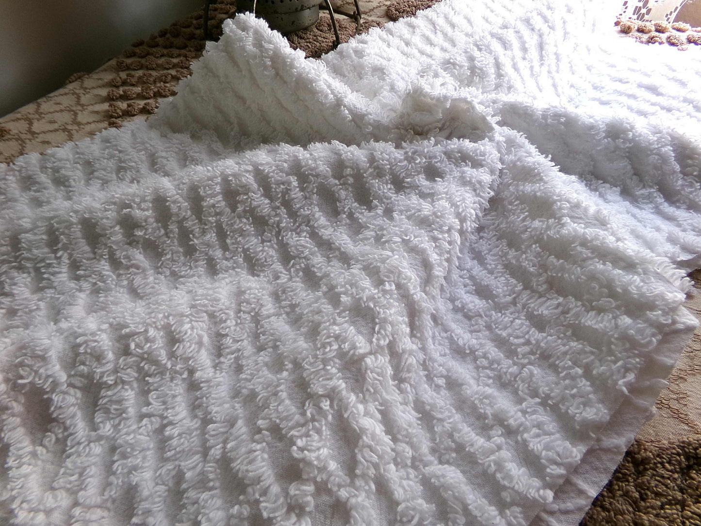 White Lattice Vintage Chenille Fabric, Simple Diamond Design, 18" x 24" inches Piece, 100% Cotton