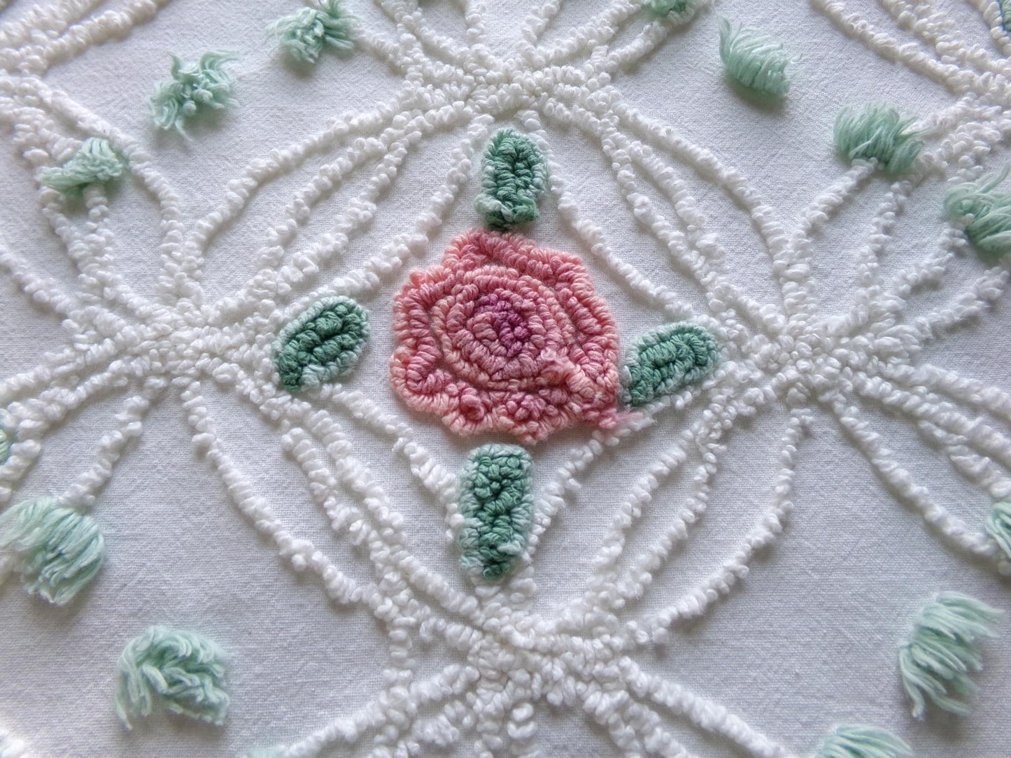 Pink Rose Garden Vintage Chenille Fabric, 18" x 25" Piece, Lovely Pink Florals in White Wedding Rings with Green Pops, 100% cotton material