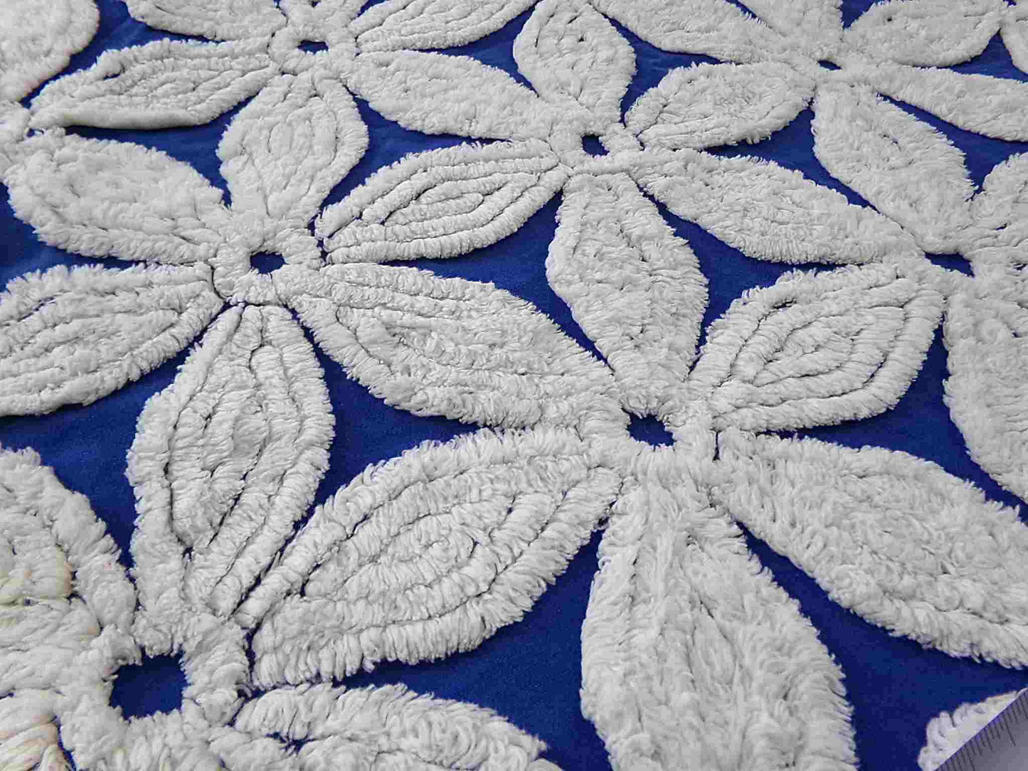 vintage chenille fabric, big beautiful white daisies on dramatic cobalt blue, 20" x 24"' inch piece, plush abstract coastal floral pattern