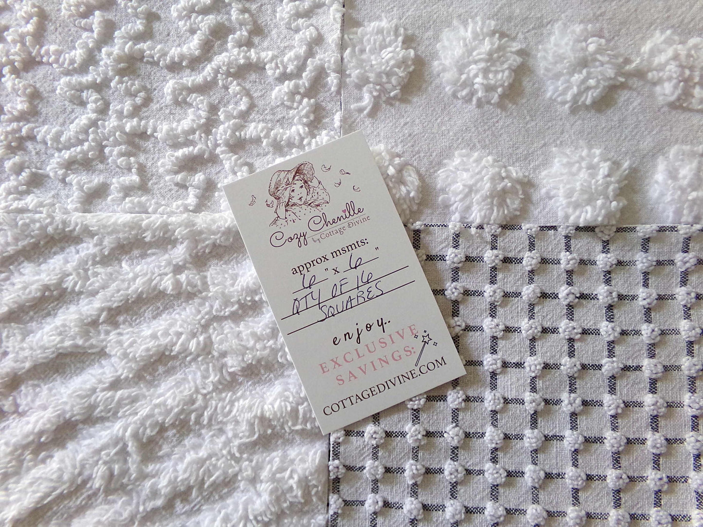 Blizzard White Vintage Chenille Fabric Squares, Diamond Ice, Coin Pop, Squiggle & Micro Grid, Set of 16 Quilt Blocks, 6" x 6" inch each