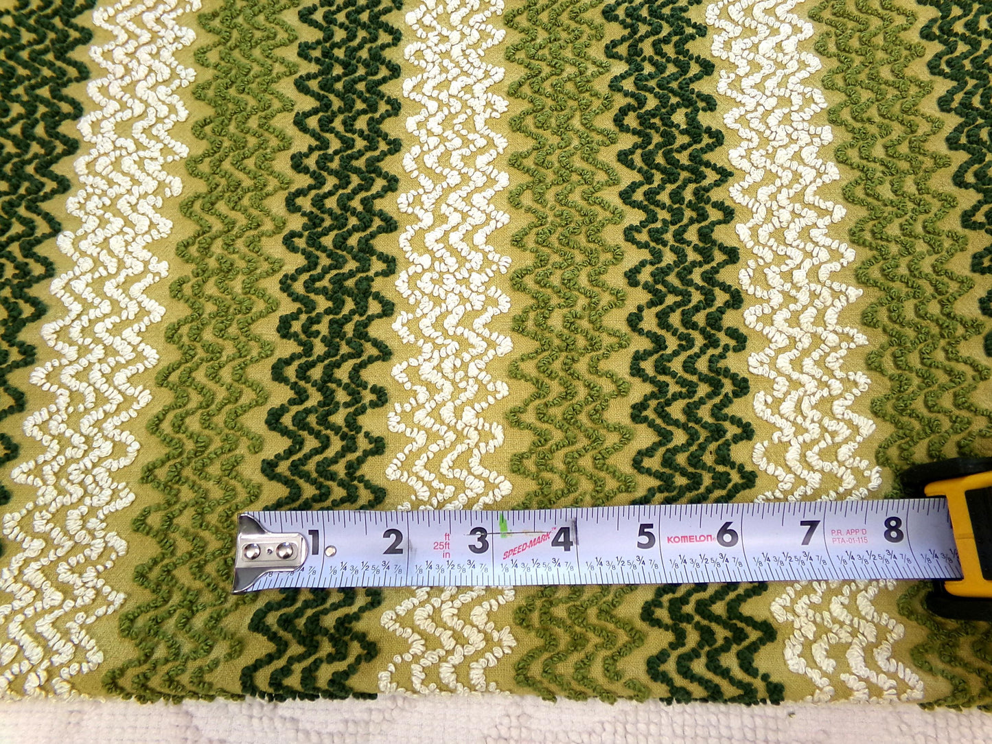 groovy green zig zag vintage chenille fabric, earthy avocado, olive textured pattern, 18" x 24" cut piece for arts & crafts