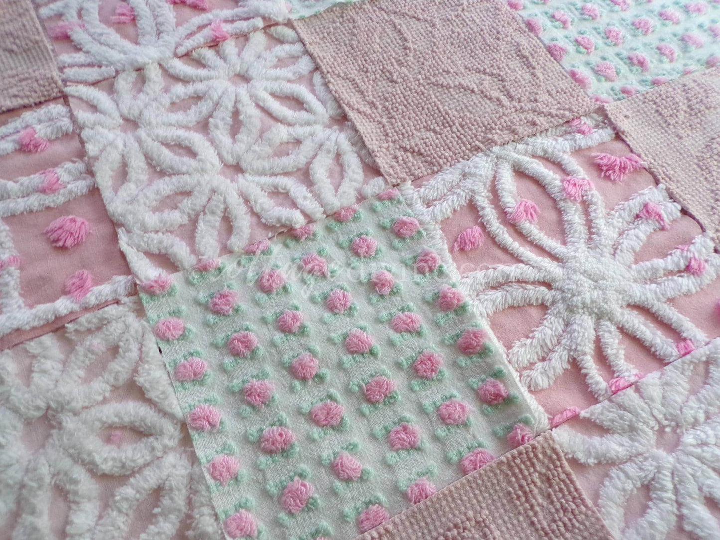 angel pinks vintage chenille fabric squares, rosebuds, daisy patterns, set of 16 quilting blocks, 6" x 6" each, pretty in patchwork pillows