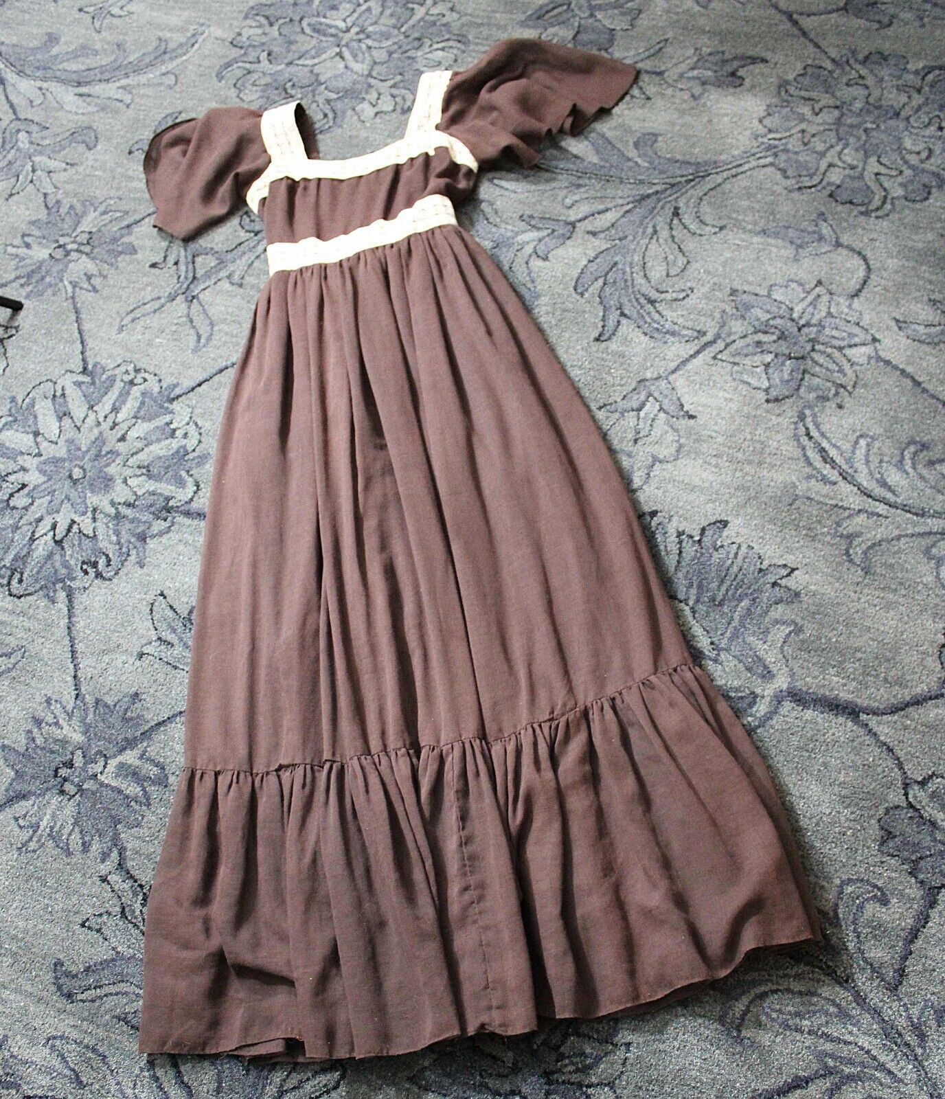 Vintage Boho Brown Prairie Dress, 1970s Long Maxi Length Gown, XS Jr Sz 11, Act I