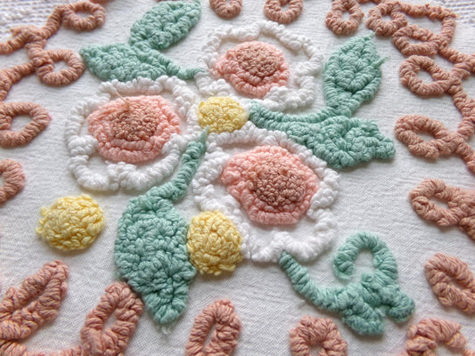 shabby divine vintage chenille fabric, 20" x 20" piece of cotton floral sewing material, nice for a pillow or small wall hanging