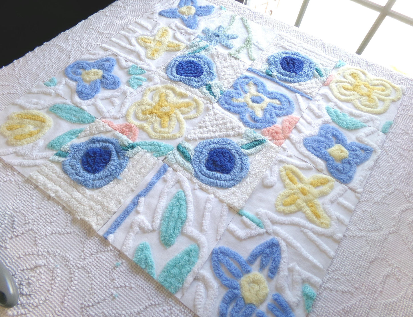 vintage 6" chenille fabric squares, set of 16 quilt blocks, blooming blue flowers