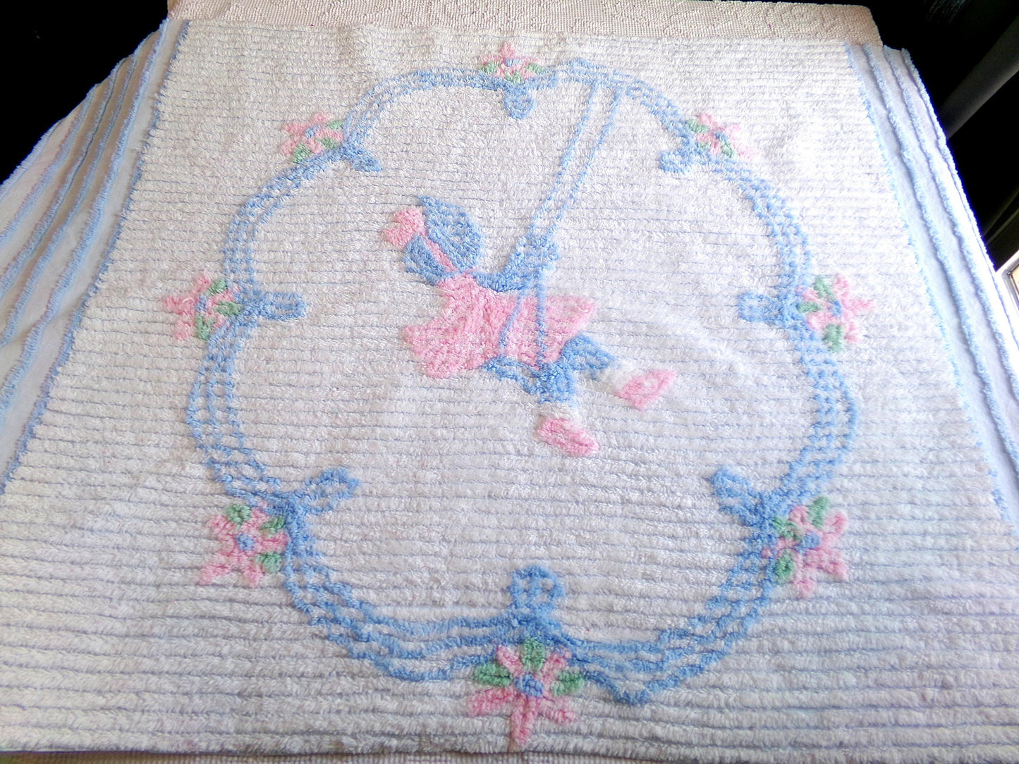 vintage chenille fabric panel: carefree little girl on swing in cameo of pink lilies, 28" x 38" large cut piece